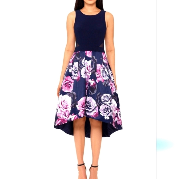 Xscape Navy floral high low cocktail dress size 6 - Picture 1 of 9